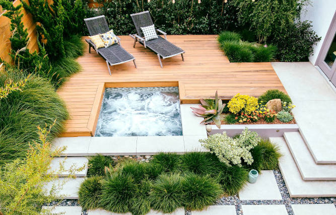 Beautiful deck and stone slab walkway